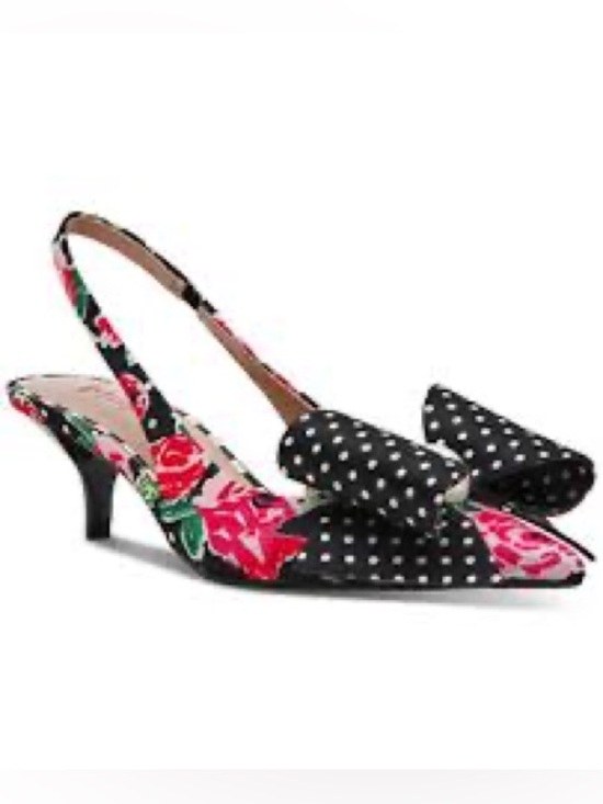 Betsey Johnson Shoes - Betsey Johnson Black Floral Polka Dot Slingback Kitten Heels